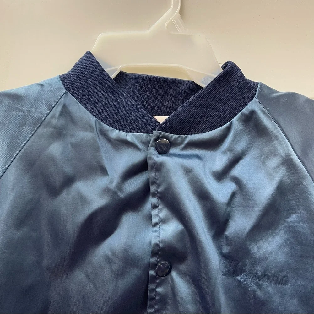 Vintage Cardinal Made In The USA Blue Satin Snap Front Bomber Jacket XL